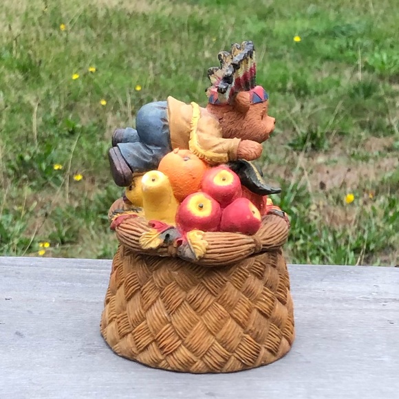 Home Interiors Vintage Thanksgiving Teddy Bear Pilgrim Resin Basket Box 4.5” Hi - Picture 4 of 15